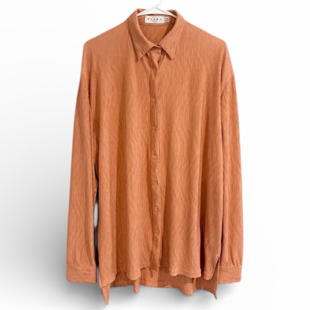 Club L London Terracotta Casual Button-Down Textured Shirt Long Sleeve LARGE